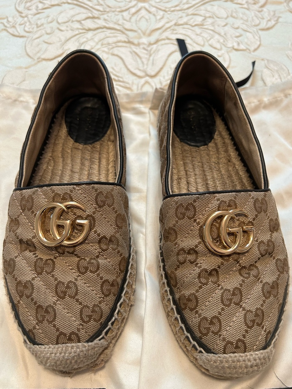 Gucci Brown Monogram GG Espadrille Slip-On Loafers with Gold Double-G